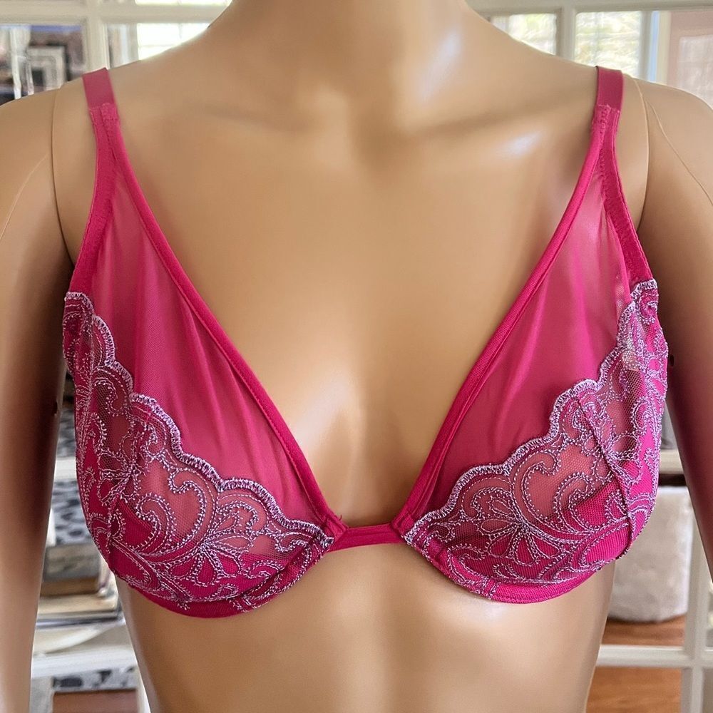Natori Fuschia Plunge Embroidered & Mesh Bra sz 34C